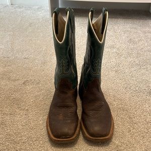 Old West Brown and Turquoise Square Toe Cowboy Boots Size 7